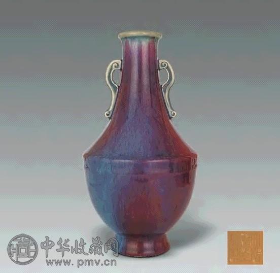 清道光 窑变钧红釉如意耳盖碗尊