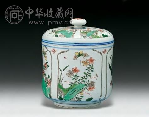 清康熙 五彩开光花蝶纹盖罐