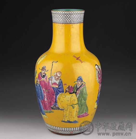 民国 黄釉粉彩人物尊