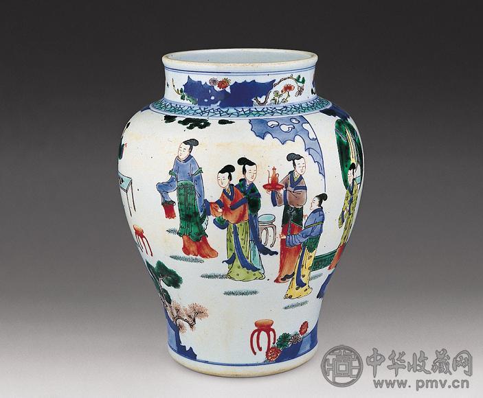 清初 青花五彩仕女人物尊