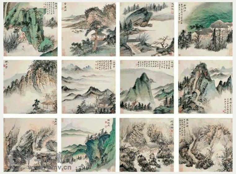 张大千 青城山十二景 册页 十二开 设色纸本