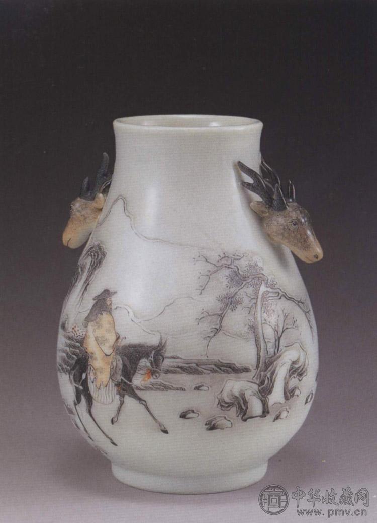 民国 墨彩山水人物鹿头小尊 民国 墨彩山水人物鹿头小尊