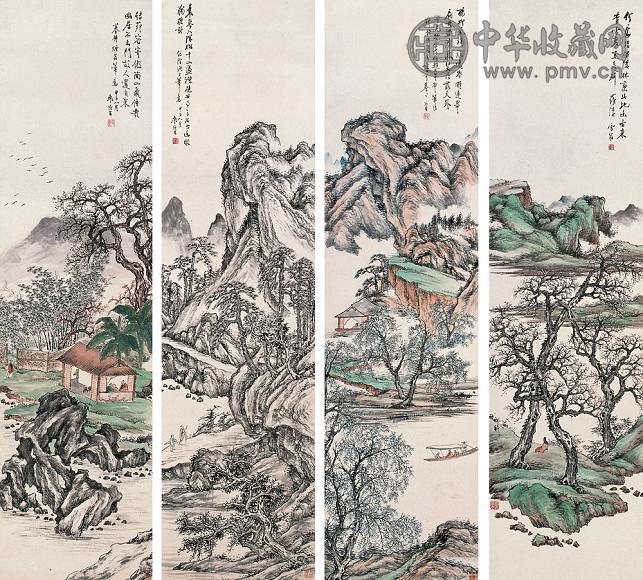 袁培基 山水 四屏 设色纸本