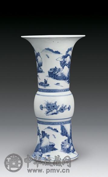 清 青花山水人物花觚