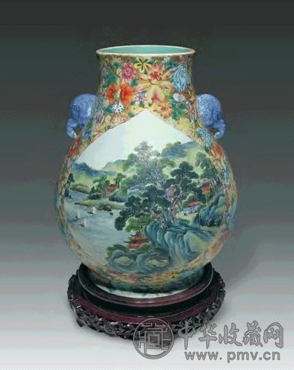 民国 百花不落地开光山水象鼻尊