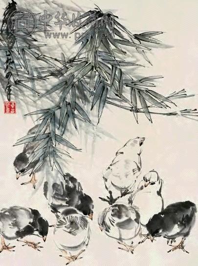 黄胄 1984年作 翠竹小鸡 镜心 设色纸本