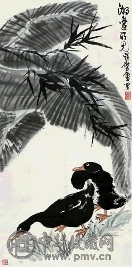 许庐 1983年作 蕉下双雁 立轴 设色纸本