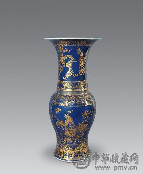 清康熙 蓝釉描金花鸟花觚