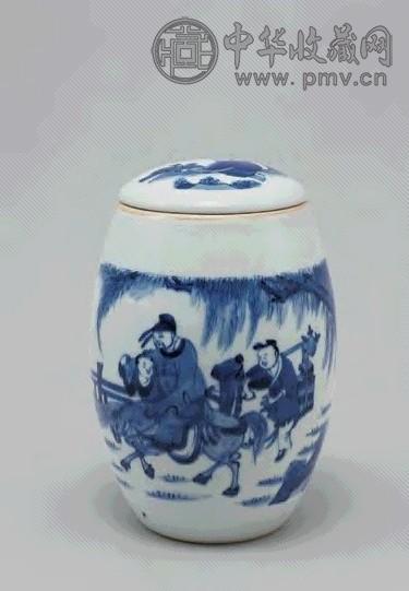 明 崇祯 青花人物故事图莲子罐