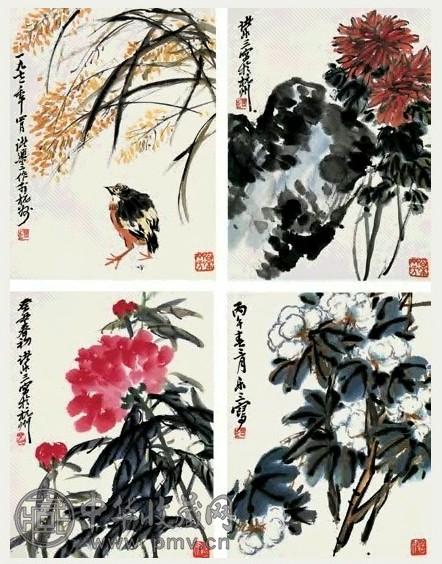 近现代 诸乐三 花鸟 册页(8开选4)