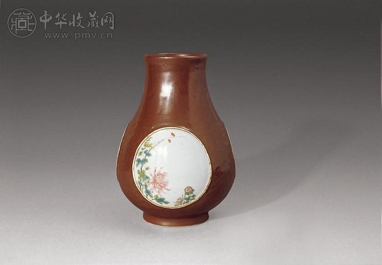 民国 酱釉开光粉彩花卉尊