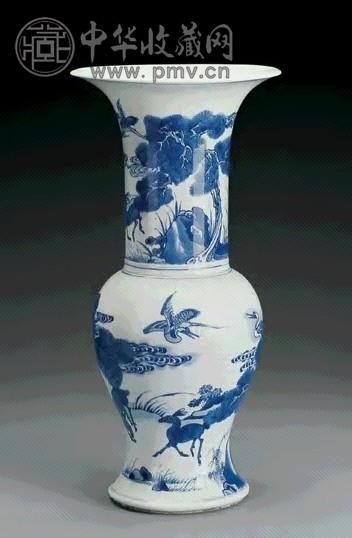 清康熙 青花鹤鹿同春图花觚