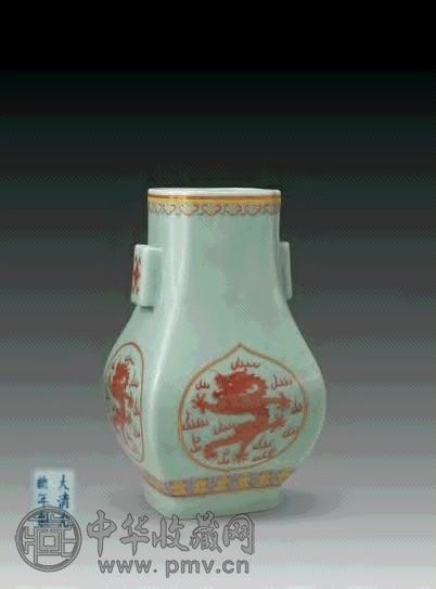 清光绪 豆青釉开光红彩云龙穿带瓶