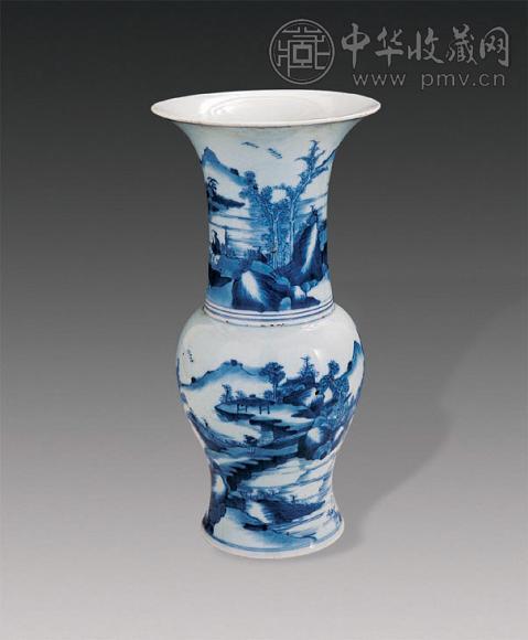 清 青花山水人物花觚