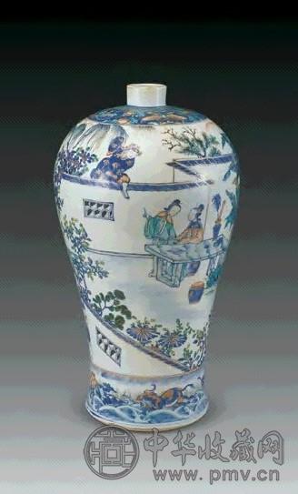 清光绪 斗彩加金山水人物梅瓶