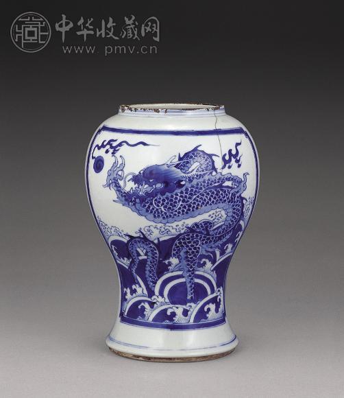 清康熙 青花开光海水龙纹凤尾尊下部