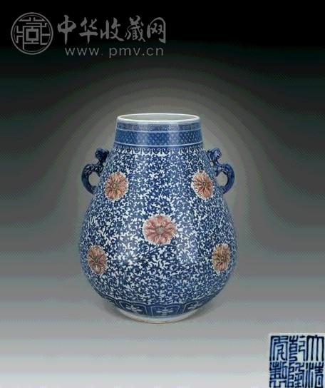 清 青花粉彩缠枝莲纹双耳尊