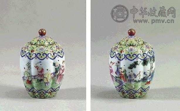 清嘉庆 粉彩浅绿地婴戏图小盖罐