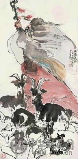 程十发 乙丑(1985年)作 苏武牧羊图 立轴 设色纸本