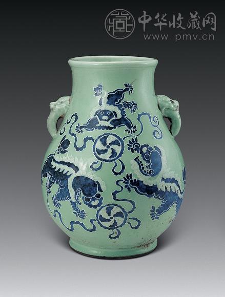 清中期 豆青釉青花狮子象耳尊