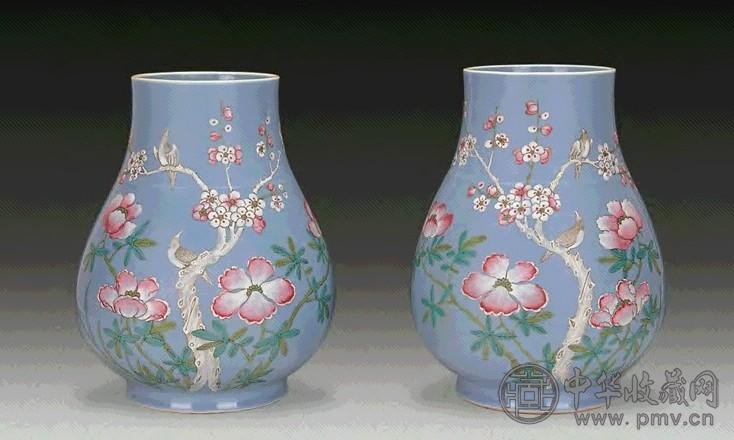 清光绪 天蓝釉粉彩花鸟纹尊(1对)