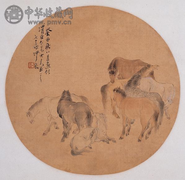 沙山春 癸卯(1903年)作 八骏 扇面 设色绢本