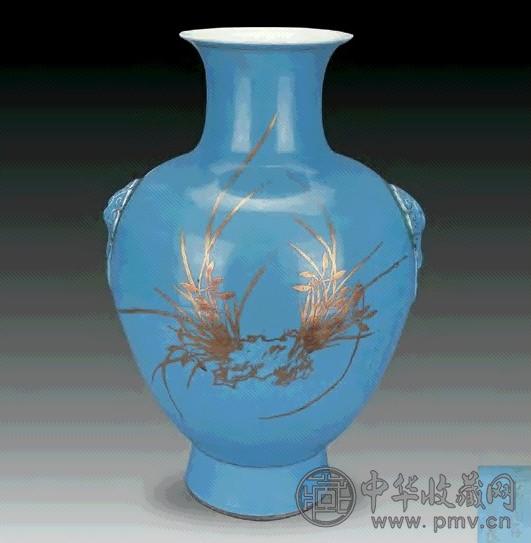 清光绪 蓝釉描金兰花双铺首耳尊