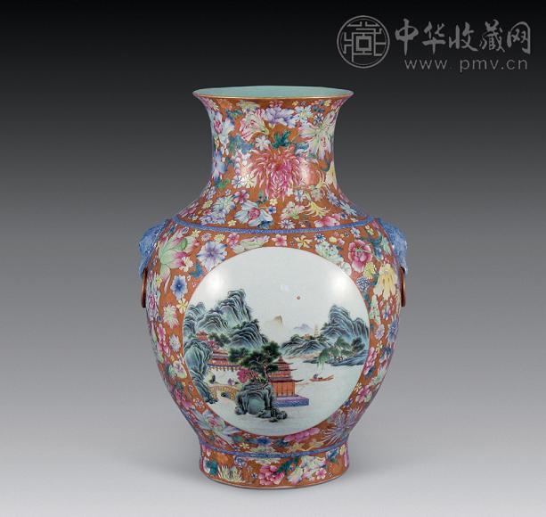 民国 粉彩百花地开光山水纹尊