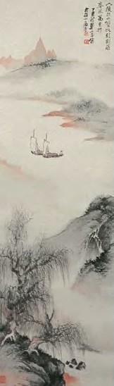 郑午昌 江上双帆 立轴 设色纸本