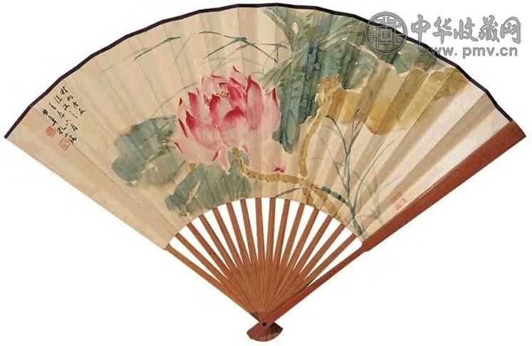 孔小瑜 马公愚 荷塘图 行书 成扇 设色纸本