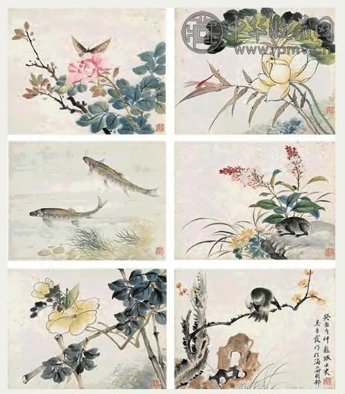吴青霞 1933年作 花鸟虫鱼册页 册页(12开选6) 设色纸本
