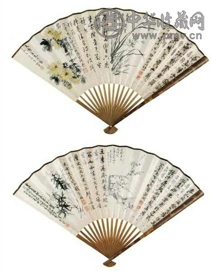 陆抑非 花卉 书法 扇面 纸本