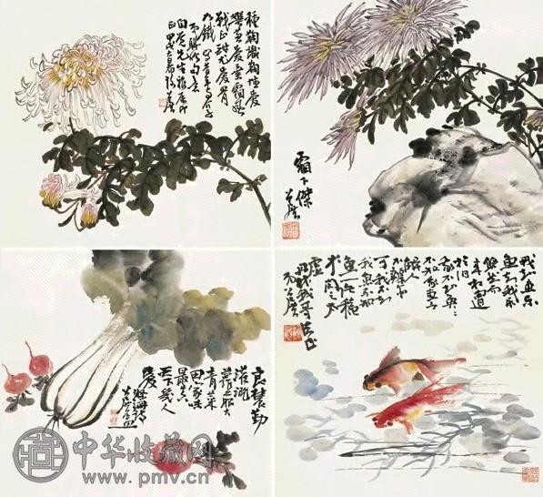 谢公展 1934年作 花鸟杂画(4件) 屏条 设色纸本