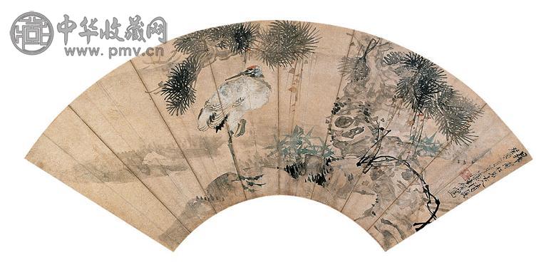 朱偁 鹤立松阴 扇面 设色纸本