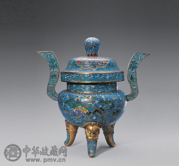 清中期 铜胎掐丝珐琅鹤鹿同春三足鼎式炉