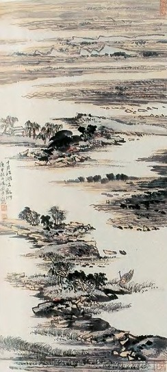 陆俨少 湖江平远 轴 纸本设色