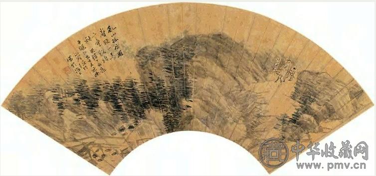 任伯年 1887年作 乱山行旅 扇面 设色泥金