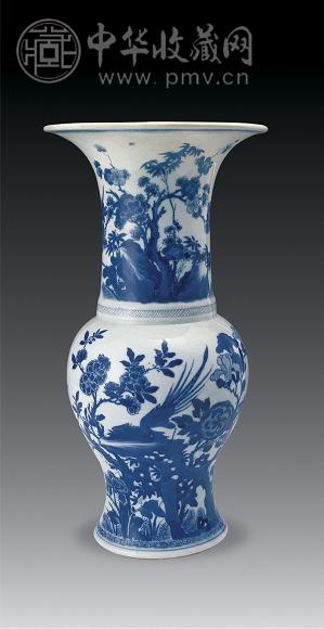 清康熙 青花雉鸡牡丹纹花觚