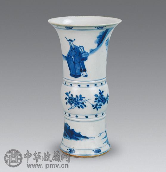 清 青花山水人物纹花觚