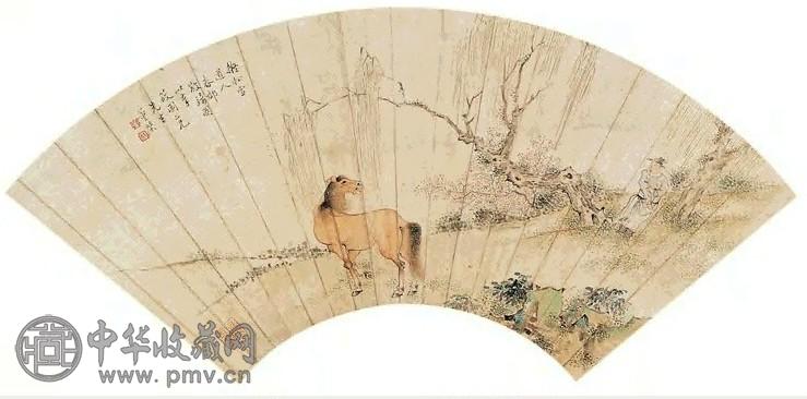 董棨 春郊散骑 扇面 设色纸本