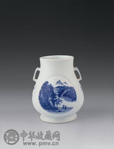 清末民初 青花开光山水纹双耳尊