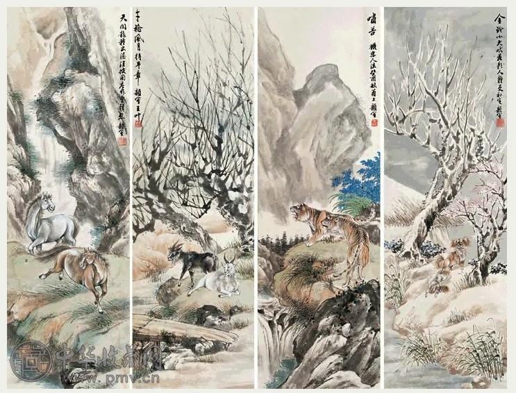 王韵笙 忠孝节义 四屏 设色纸本