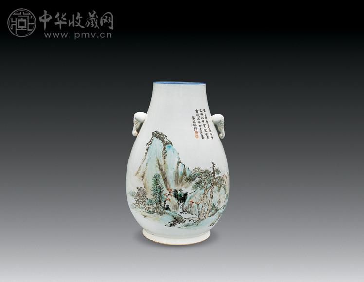 清同治 浅绛彩山水花鸟象耳鹿头尊