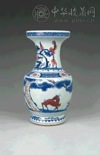 清乾隆 青花釉里红松鹿洗口尊