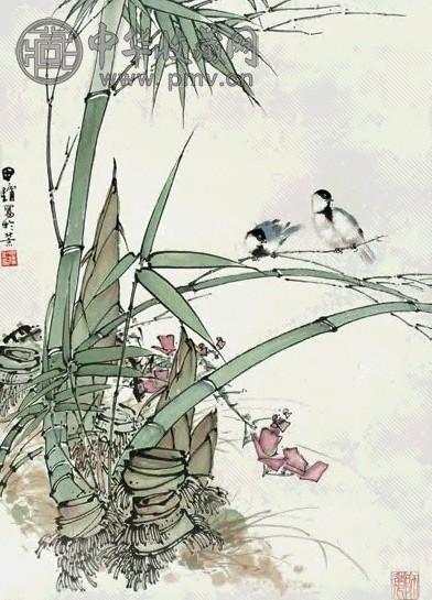 田镛 竹雀图 立轴 设色纸本