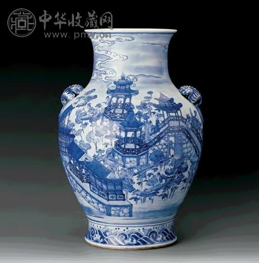 清 青花人物采莲象耳尊