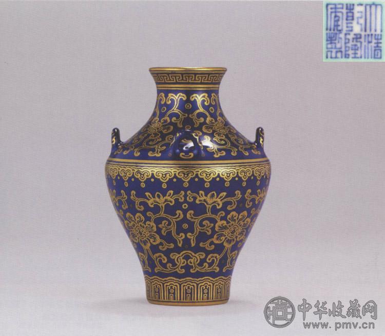 清乾隆 霁蓝釉描金银彩缠枝花卉纹小四系尊 清乾隆 霁蓝釉描金银彩缠枝花卉纹小四系尊