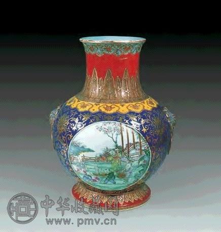 民国 霁蓝描金开光人物尊