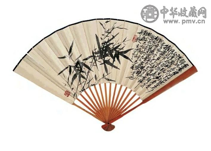吴三痴 1941年作 墨竹图并篆书 扇面 水墨笺本