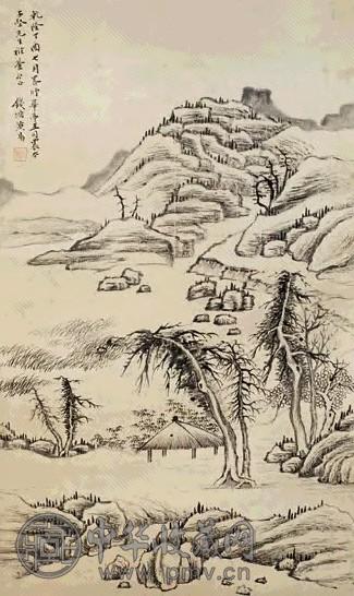 小松均 楼閣山水図 肉筆紙本 掛軸 大幅 落款有 二重箱 文化功労